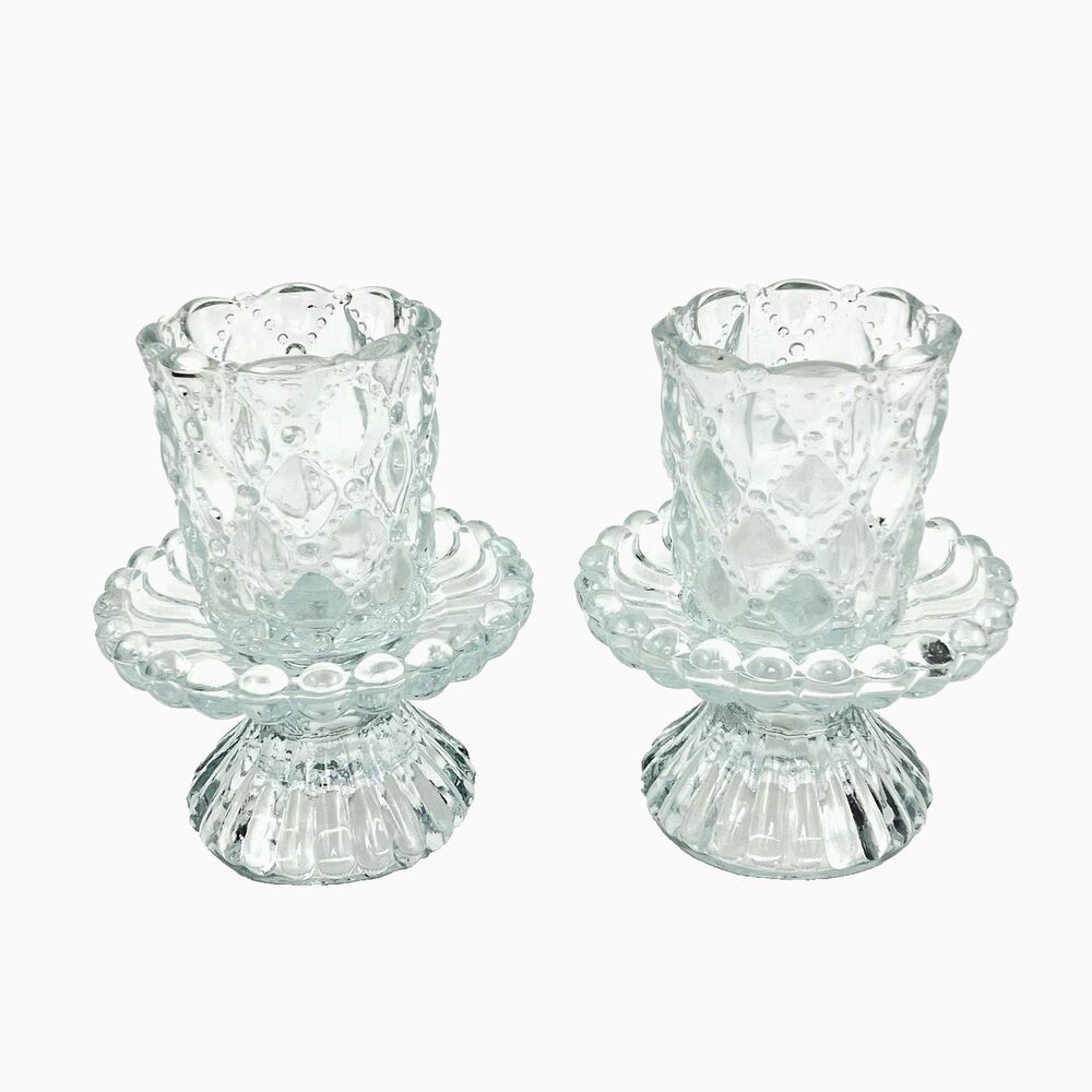Vintage Partylite Crystal Candle Holders Quilted Pattern Votive 4.5” X 3.5”